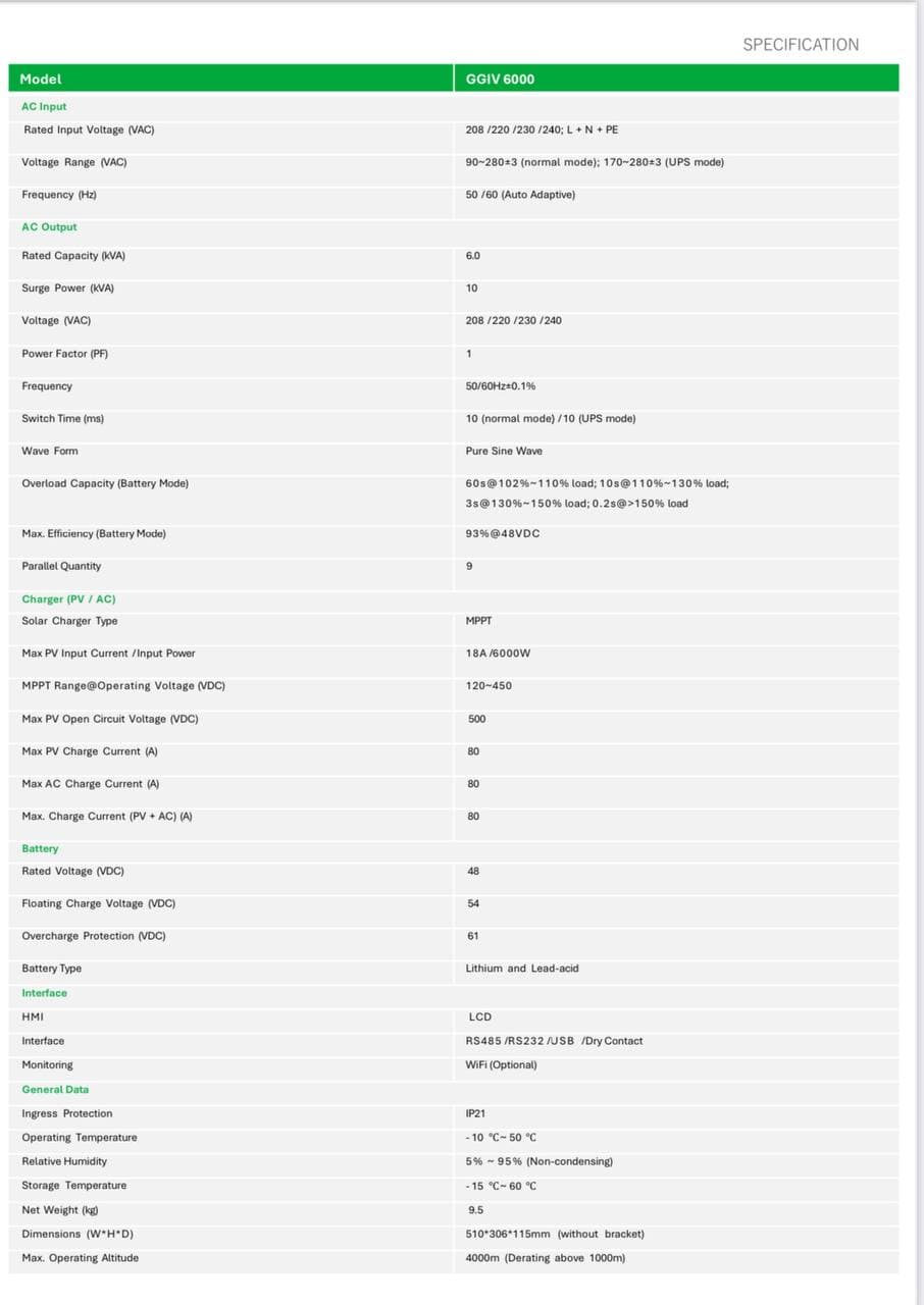 اینورتر هایبرید 6 کیلو وات برند Go Green مدل GGIV 6000 - 3
