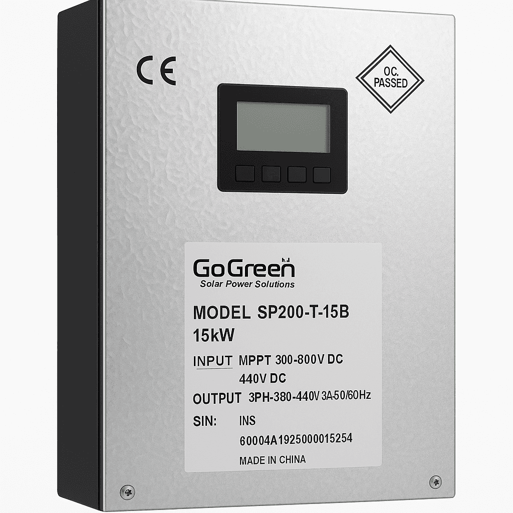 اینورتر خورشیدی سه‌فاز GoGreen SP200-T-15B | توان 15 کیلووات | راندمان بالا و محافظت IP65 برای سیستم‌های صنعتی و هیبریدی